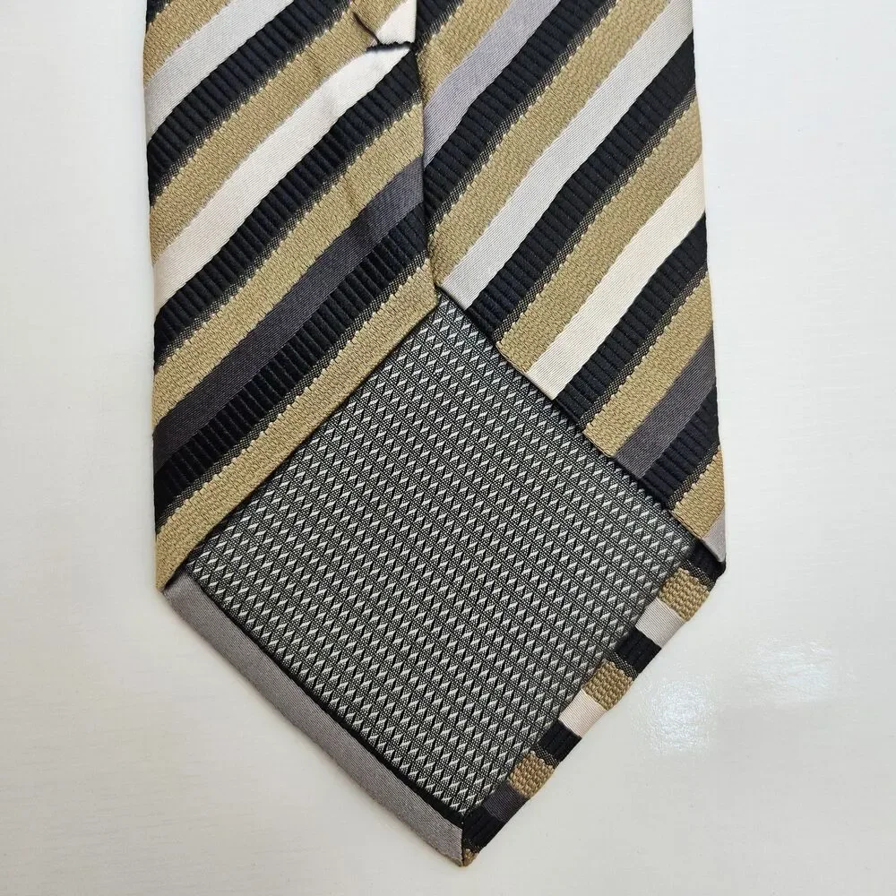 VTG 90s ALEXANDER JULIAN COLOURS Neck Tie Mens 100% Silk Gold Black Striped 3.8